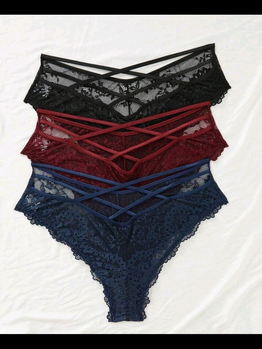 Women's Lace Strappy Bikini Panties - Black, Burgundy & Navy